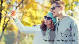  Presentation with season - Slides consisting of season vacation holidays technology and friendship concept - smiling couple with smartphone taking selfie over autumn park background background and a light blue colored foreground