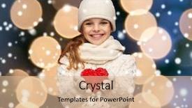  Presentation with teenage love - Presentation theme featuring seasonal people happiness health charity love concept - smiling teenage girl in winter clothes with small red heart background and a lemonade colored foreground