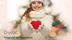  Presentation with teenage love - PPT layouts featuring seasonal people happiness health charity love concept - smiling teenage girl in winter clothes with small red heart background and a soft green colored foreground