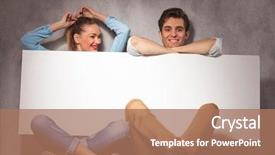  Presentation with happy barber client - Slide deck enhanced with seat down - happy young casual couple having background and a coral colored foreground