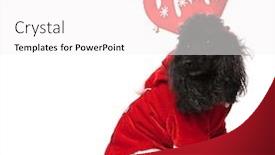  Presentation with poodle - Colorful slides enhanced with seated black poodle wearing reindeer horns looks back on white background backdrop and a white colored foreground