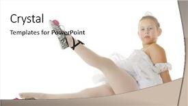  Presentation with ballerina - Amazing PPT layouts having seated elementary-aged ballerina in her dance costume gracefully lifting a leg with her zebra-stripped slippers on a white background backdrop and a white colored foreground