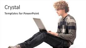  Presentation with laptop - PPT theme enhanced with seated young man using background and a white colored foreground