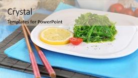  Presentation with seaweed - PPT theme enhanced with seaweed on plate on wooden background and a soft green colored foreground