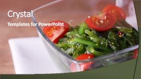  Presentation with seaweed - PPT layouts consisting of seaweed salad with slices of cherry tomato in glass bowl on napkin and wooden table background background and a coral colored foreground