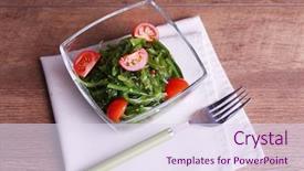  Presentation with seaweed - Cool new PPT theme with seaweed salad with slices of cherry tomato in glass bowl on napkin and wooden table background backdrop and a sky blue colored foreground