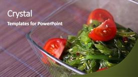  Presentation with seaweed - Amazing PPT theme having seaweed salad with slices of cherry tomato in glass bowl on bamboo mat and burlap cloth background backdrop and a gray colored foreground