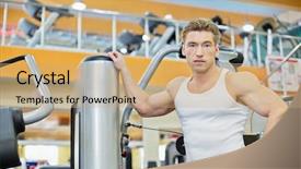  Presentation with gym junior - Slide set consisting of second half - bodybuilder stands leaning on traineger background and a  colored foreground