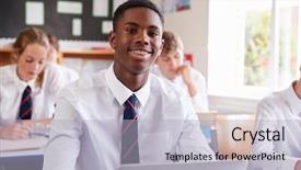  Presentation with pupil - Cool new slide deck with secondary learning - portrait of male pupil backdrop and a light blue colored foreground