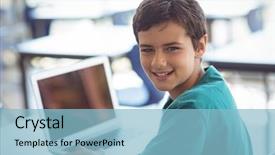  Presentation with classroom - PPT layouts featuring secondary learning - portrait of schoolboy using laptop background and a light blue colored foreground