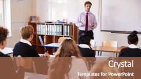  Presentation with listening - Cool new PPT theme with secondary learning - teenage students listening to male backdrop and a coral colored foreground