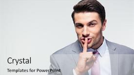  Presentation with lips - Theme enhanced with secrecy - businessman pointing finger over lips background and a white colored foreground