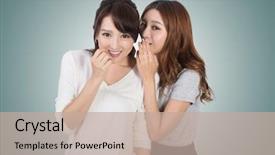  Presentation with friends - Beautiful presentation theme featuring tell secret - asian friends' whisper full length backdrop and a  colored foreground