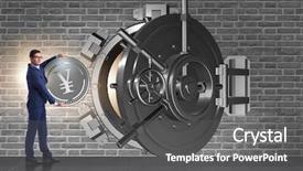  Presentation with banking bank vault door - PPT theme with secret economy - businessman depositing japanese yen background and a gray colored foreground