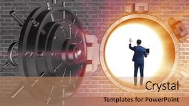  Presentation with vault - Audience pleasing PPT theme consisting of secret economy - businessman in front of banking backdrop and a coral colored foreground