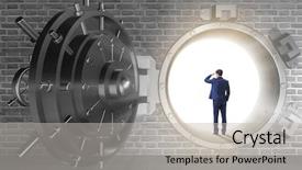 Presentation with vault - Presentation design with secret economy - businessman in front of banking background and a light gray colored foreground