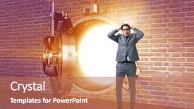  Presentation with vault - Cool new theme with secret economy - businessman in front of banking backdrop and a coral colored foreground
