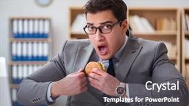  Presentation with junk food - Amazing presentation having secret meeting - hungry funny businessman eating junk backdrop and a  colored foreground