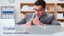  Presentation with energy food and junk food - Presentation design enhanced with secret meeting - hungry funny businessman eating junk background and a  colored foreground