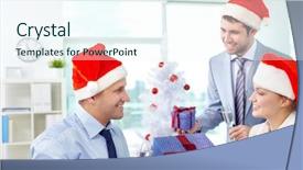 Presentation with secret - Colorful PPT theme enhanced with secret santa - three business colleagues exchanging gift backdrop and a cool aqua colored foreground