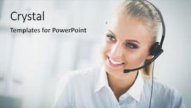  Presentation with customer service lifting the words - Theme enhanced with secretaire call - close-up portrait of a customer background and a white colored foreground