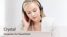  Presentation with headphones - Cool new PPT theme with secretaire call - female helpline operator with headphones backdrop and a soft green colored foreground