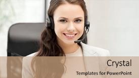  Presentation with headphones - Presentation design with secretaire call - picture of smiling female helpline background and a coral colored foreground