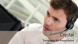  Presentation with salesman - Slide deck enhanced with secretaire call - portrait of salesman with headset background and a mint green colored foreground