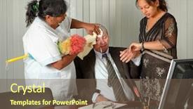  Presentation with office cleaning - Colorful theme enhanced with secretary and cleaning woman taking care of the office manager with a fever backdrop and a violet colored foreground
