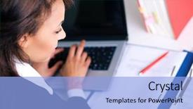  Presentation with secretary - Amazing PPT theme having secretary bird - woman working on a laptop backdrop and a light blue colored foreground