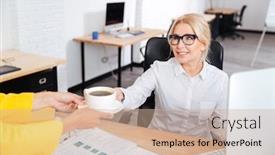  Presentation with secretary - Colorful PPT theme enhanced with team bring - secretary bringing cup of coffee backdrop and a coral colored foreground