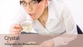  Presentation with secretary - Audience pleasing presentation consisting of secretary drinking coffee standing backdrop and a lemonade colored foreground