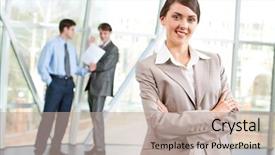  Presentation with work secretary asia - Slides enhanced with secretary standing in the office background and a mint green colored foreground