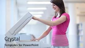  Presentation with secretary - Theme featuring secretary using a copy machine background and a light blue colored foreground