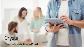  Presentation with using digital tablet - Slide deck enhanced with section of man using digital background and a mint green colored foreground