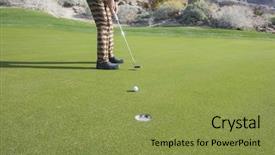  Presentation with golf ball on tee - Slide deck having section of senior male golf background and a  colored foreground