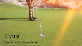  Presentation with golf ball on tee - PPT theme featuring section of senior male golf background and a  colored foreground