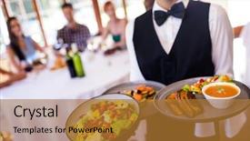  Presentation with food service - Slide set enhanced with section of waitress holding food background and a gold colored foreground