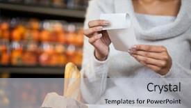  Presentation with grocery - PPT layouts with section of woman holding bill background and a light gray colored foreground