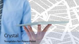  Presentation with tablet - Audience pleasing PPT layouts consisting of section with tablet against document backdrop and a  colored foreground