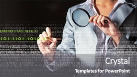  Presentation with binary - Presentation design featuring finding solution - businesswoman with magnifier glass examining background and a gray colored foreground