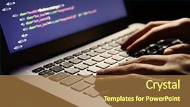  Presentation with laptop - Colorful slide set enhanced with security - hacker using laptop closeup backdrop and a coral colored foreground