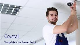  Presentation with cctv - Cool new presentation theme with security - professional cctv technician working backdrop and a sky blue colored foreground