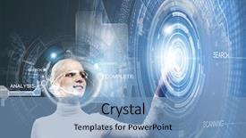  Presentation with media - Audience pleasing slide deck consisting of security access - woman in white touching icon backdrop and a  colored foreground