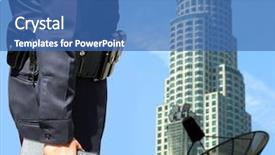  Presentation with national security - Amazing PPT theme having security agent watching downtown area backdrop and a ocean colored foreground