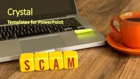  Presentation with scam - Amazing slide set having security awareness - scam written on a wooden backdrop and a tawny brown colored foreground