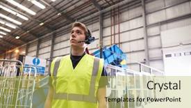  Presentation with building security - Theme having security building access - man with reflective vest background and a  colored foreground