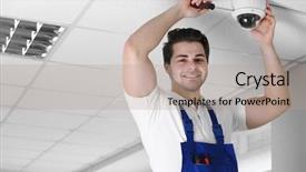  Presentation with cctv camera - Presentation theme with security camera - professional cctv technician working background and a coral colored foreground