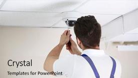  Presentation with cctv - Slides with security camera - professional cctv technician working background and a soft green colored foreground