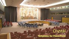  Presentation with united nations - Cool new PPT theme with security-council-chamber backdrop and a tawny brown colored foreground